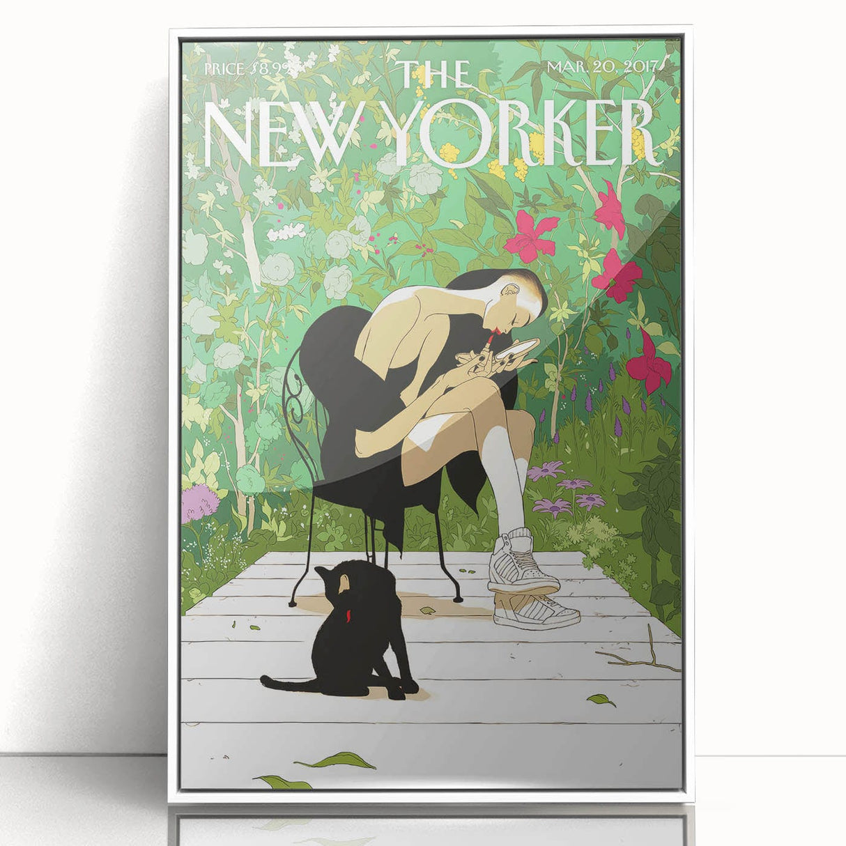 Vintage New Yorker Poster - Woman and Cat in Lush Garden