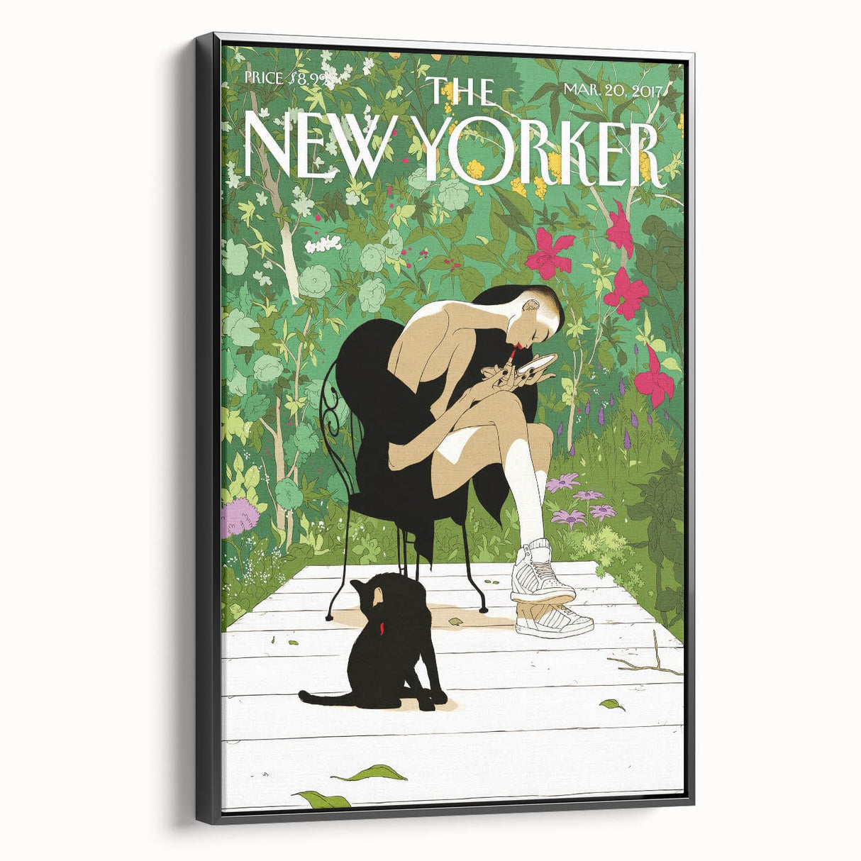 Vintage New Yorker Poster - Woman and Cat in Lush Garden