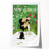 Vintage New Yorker Poster - Woman and Cat in Lush Garden