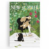 Vintage New Yorker Poster - Woman and Cat in Lush Garden