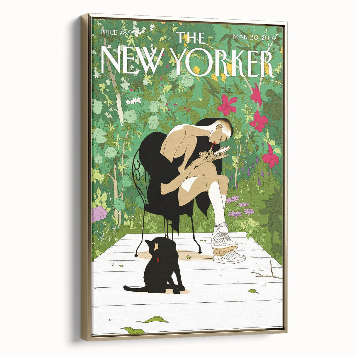Vintage New Yorker Poster - Woman and Cat in Lush Garden