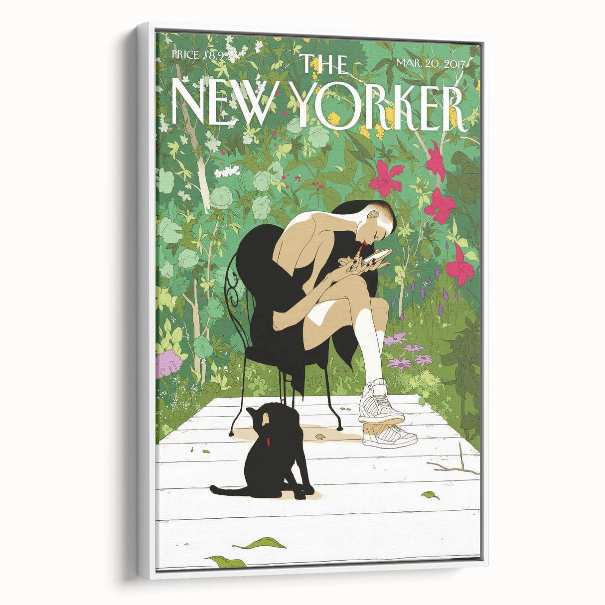 Vintage New Yorker Poster - Woman and Cat in Lush Garden