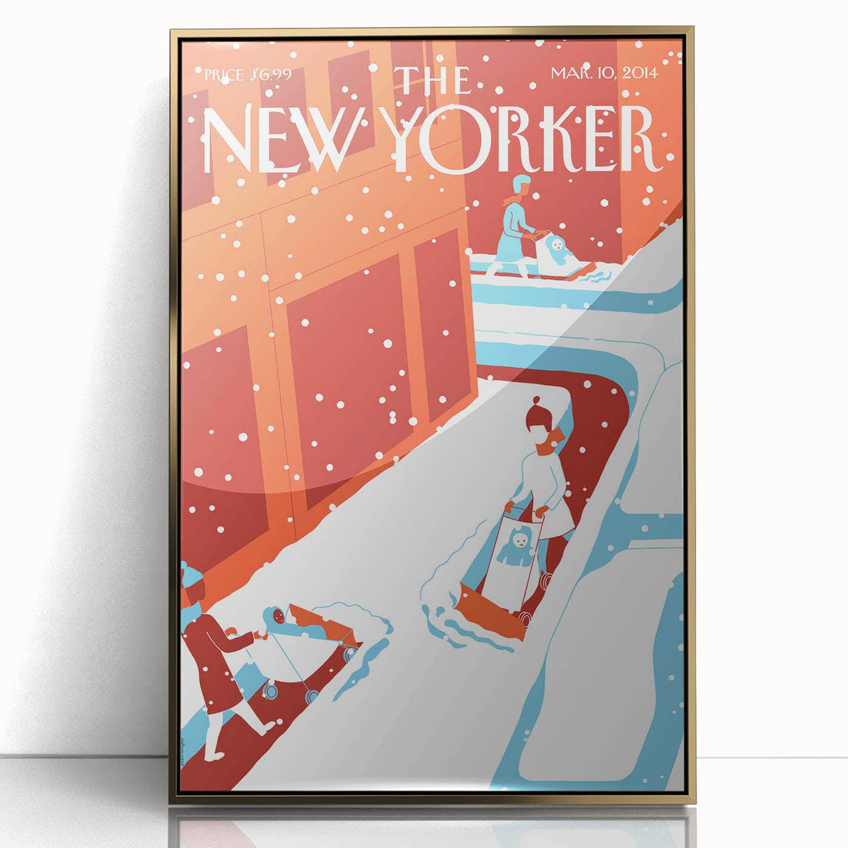 Vintage New Yorker Poster - 2014 Winter Scene with Sledding Family