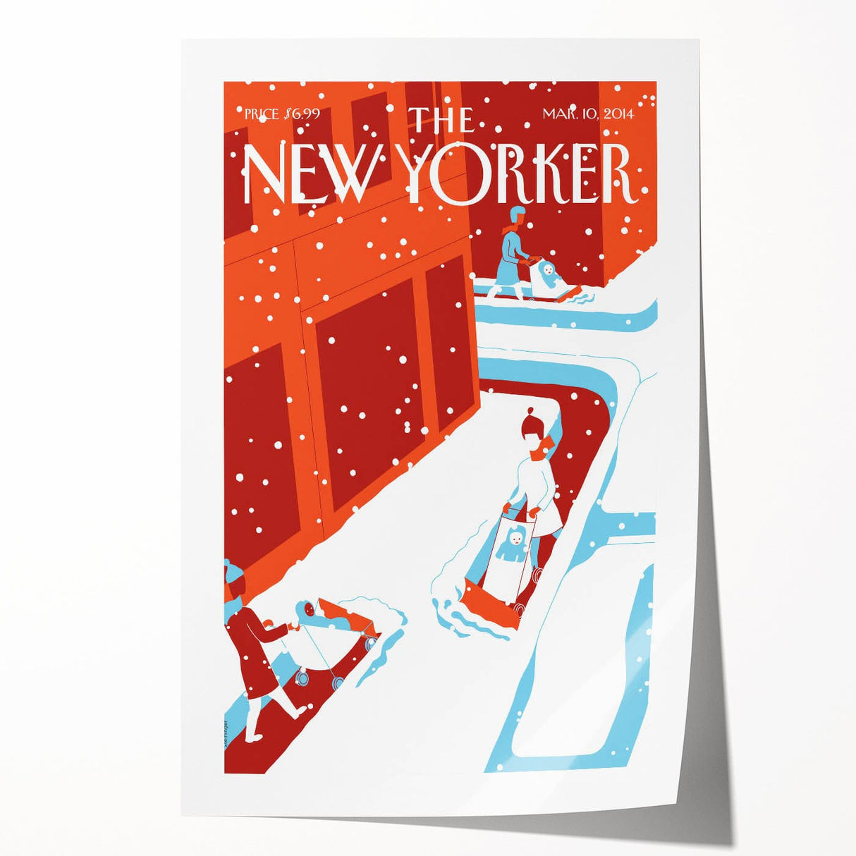 Vintage New Yorker Poster - 2014 Winter Scene with Sledding Family