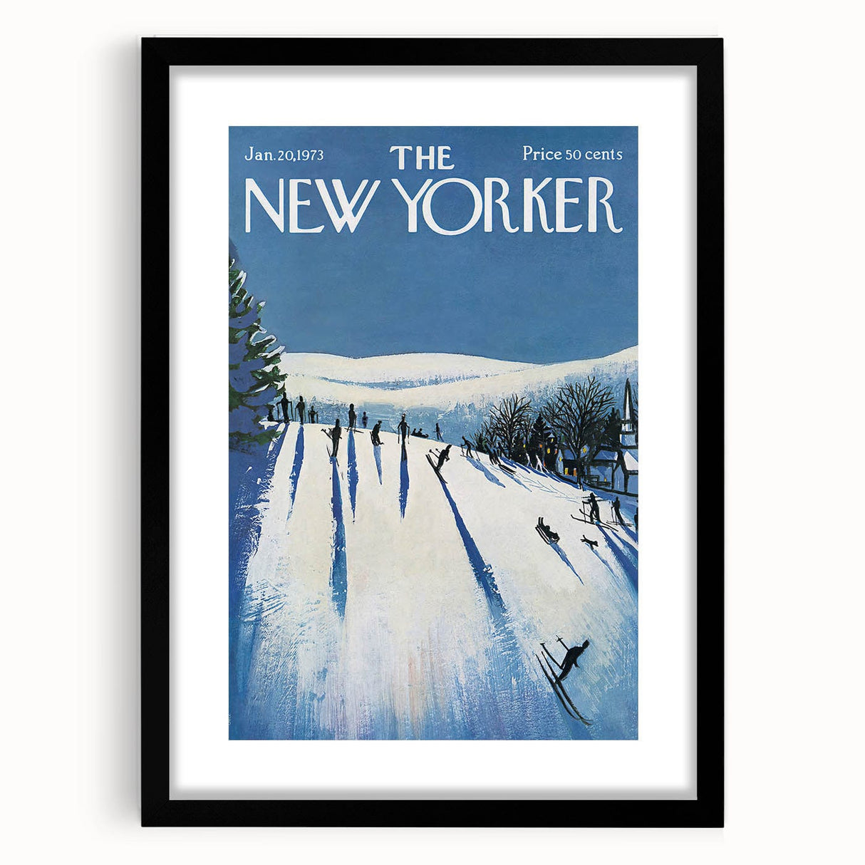 Vintage New Yorker Poster - Skiers on Snowy Hillside Art Print
