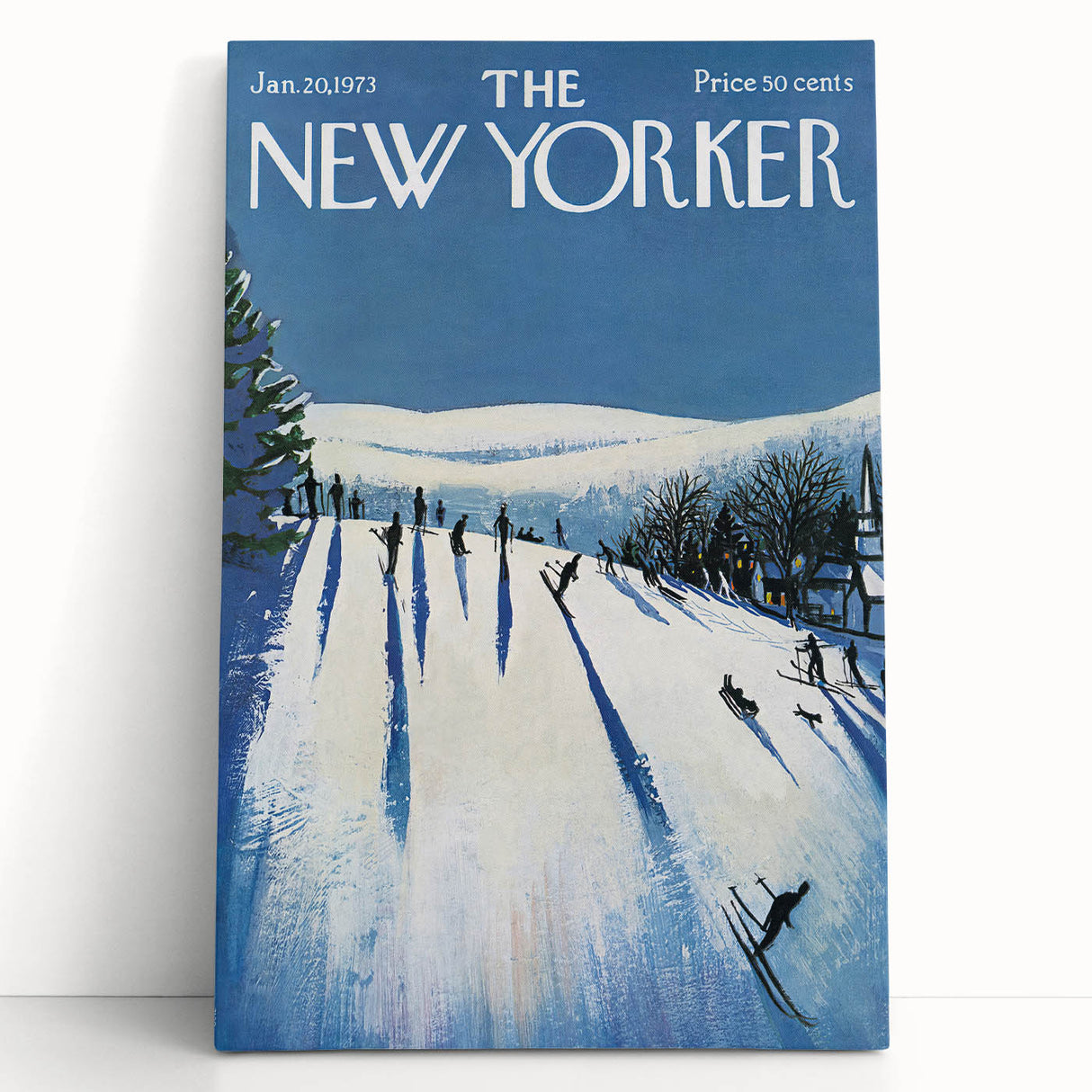 Vintage New Yorker Poster - Skiers on Snowy Hillside Art Print