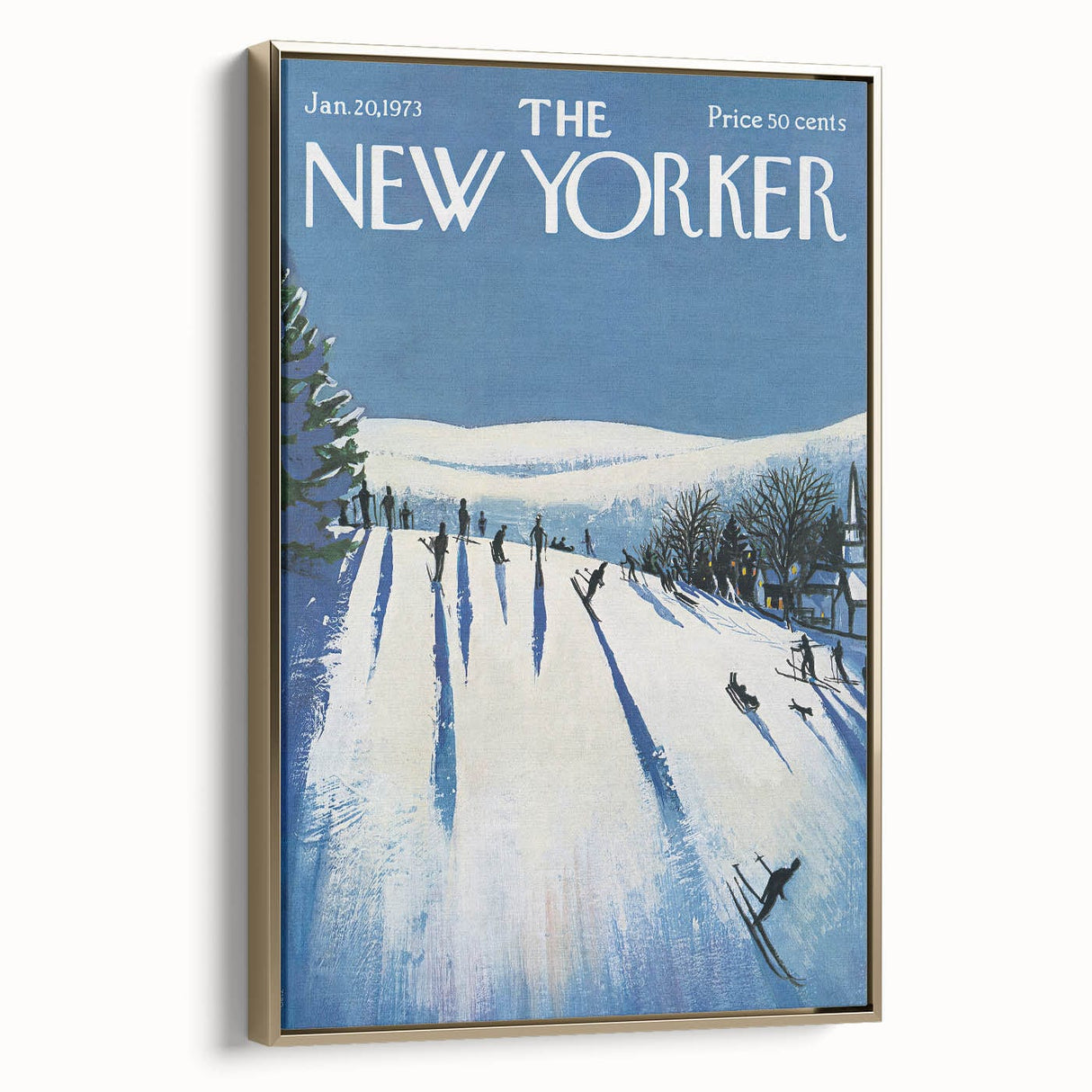 Vintage New Yorker Poster - Skiers on Snowy Hillside Art Print