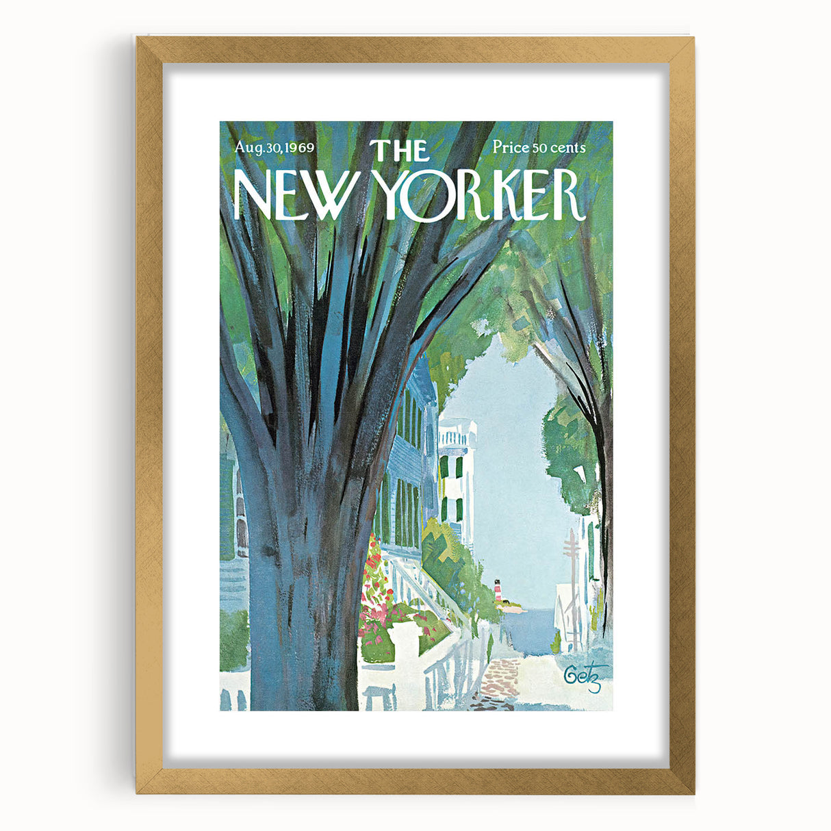 Vintage New Yorker Poster - Tree-Lined Street with Houses Art Print