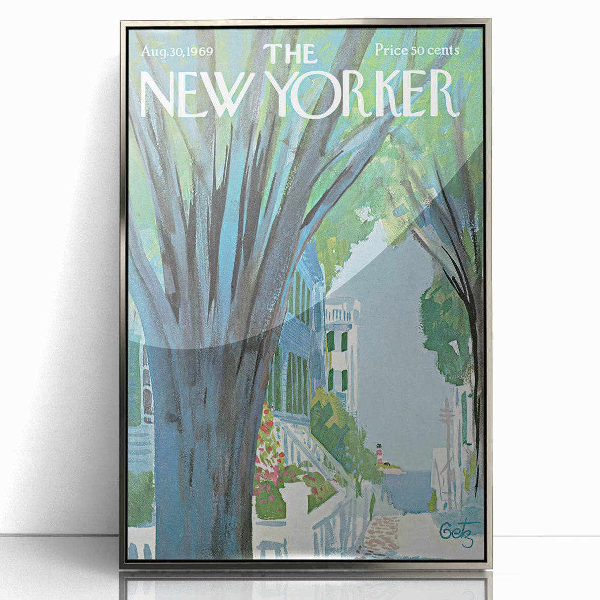 Vintage New Yorker Poster - Tree-Lined Street with Houses Art Print
