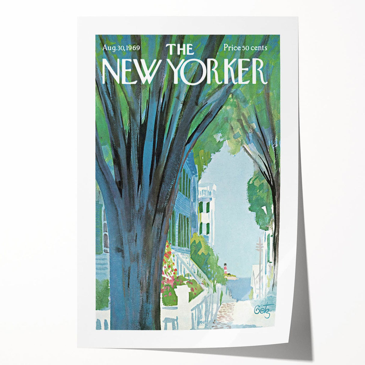 Vintage New Yorker Poster - Tree-Lined Street with Houses Art Print