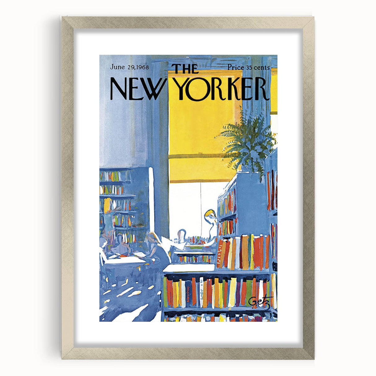 Vintage New Yorker Poster - Library with Bright Bookshelves Art Print