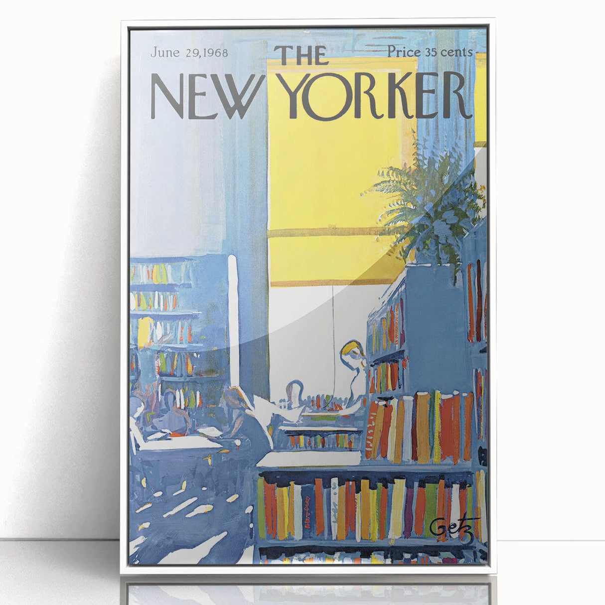 Vintage New Yorker Poster - Library with Bright Bookshelves Art Print