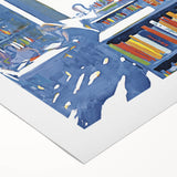 Vintage New Yorker Poster - Library with Bright Bookshelves Art Print