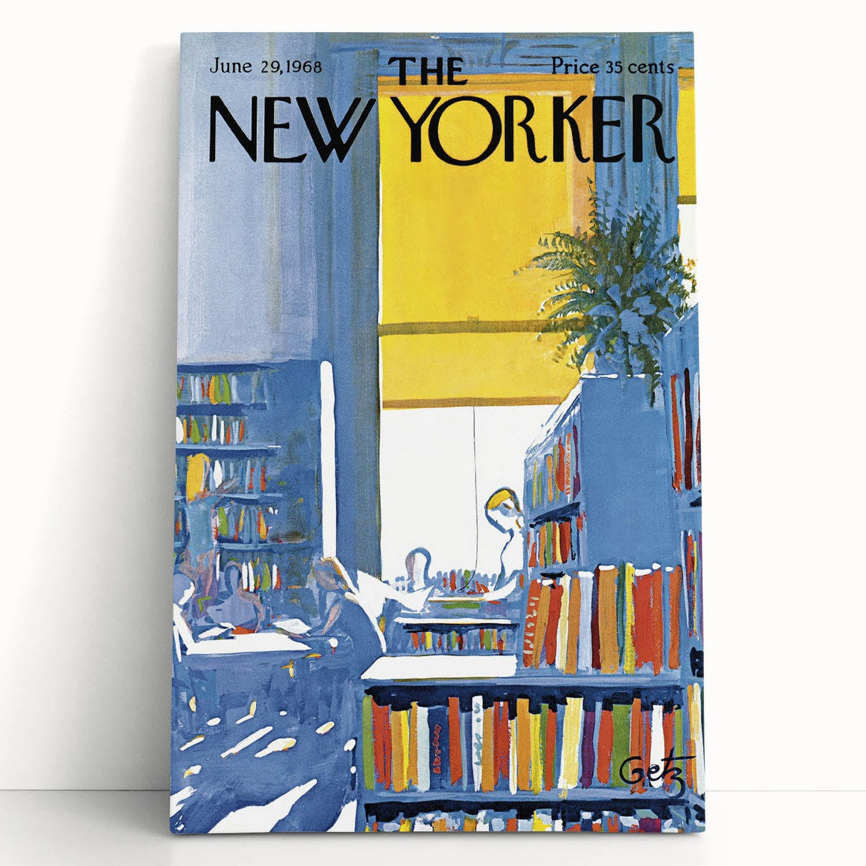 Vintage New Yorker Poster - Library with Bright Bookshelves Art Print