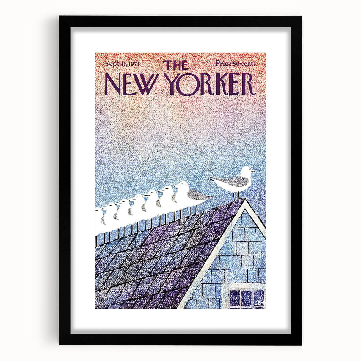 Vintage New Yorker Poster - Seagulls on Roof Wall Art Print