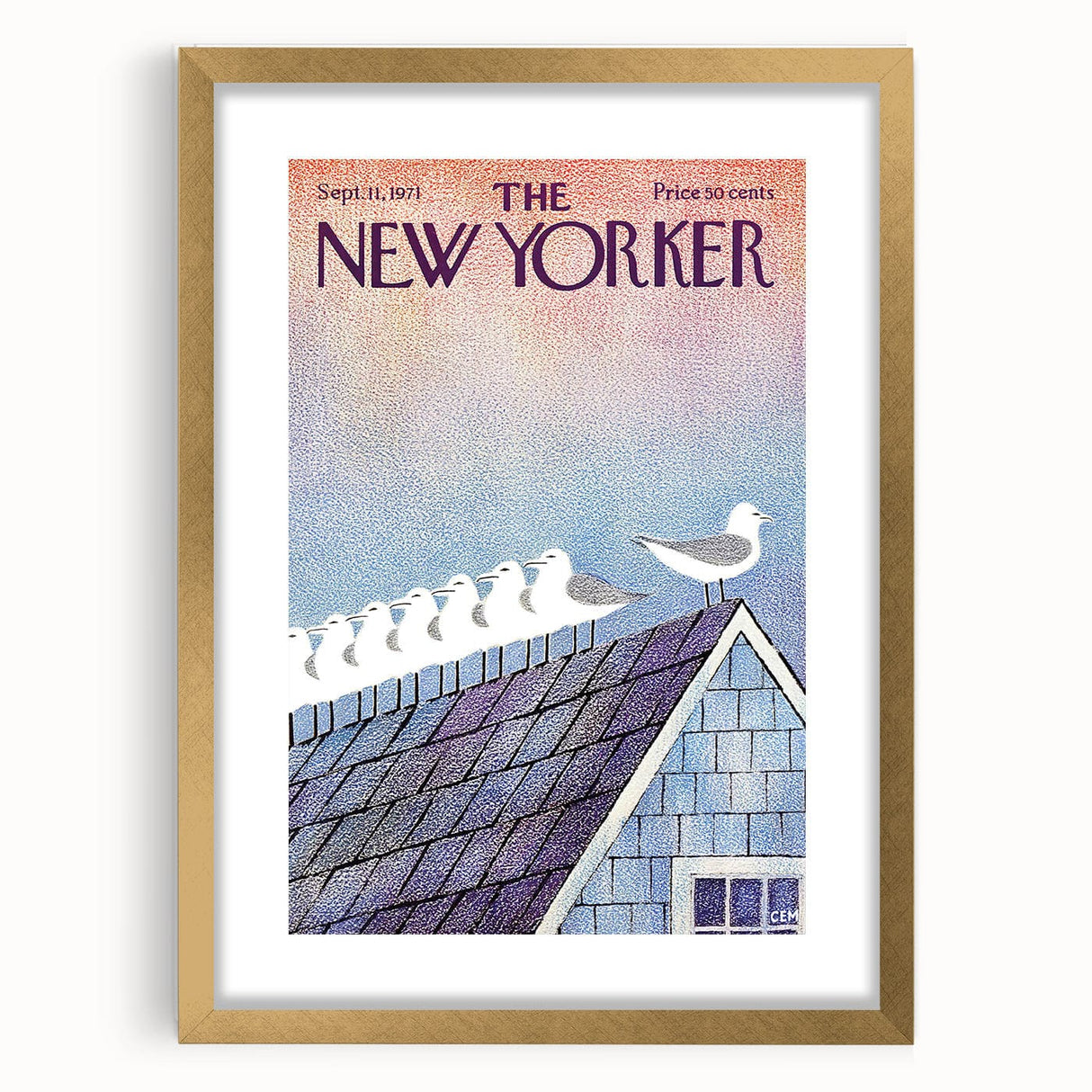 Vintage New Yorker Poster - Seagulls on Roof Wall Art Print