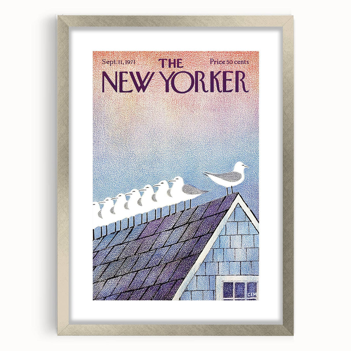 Vintage New Yorker Poster - Seagulls on Roof Wall Art Print