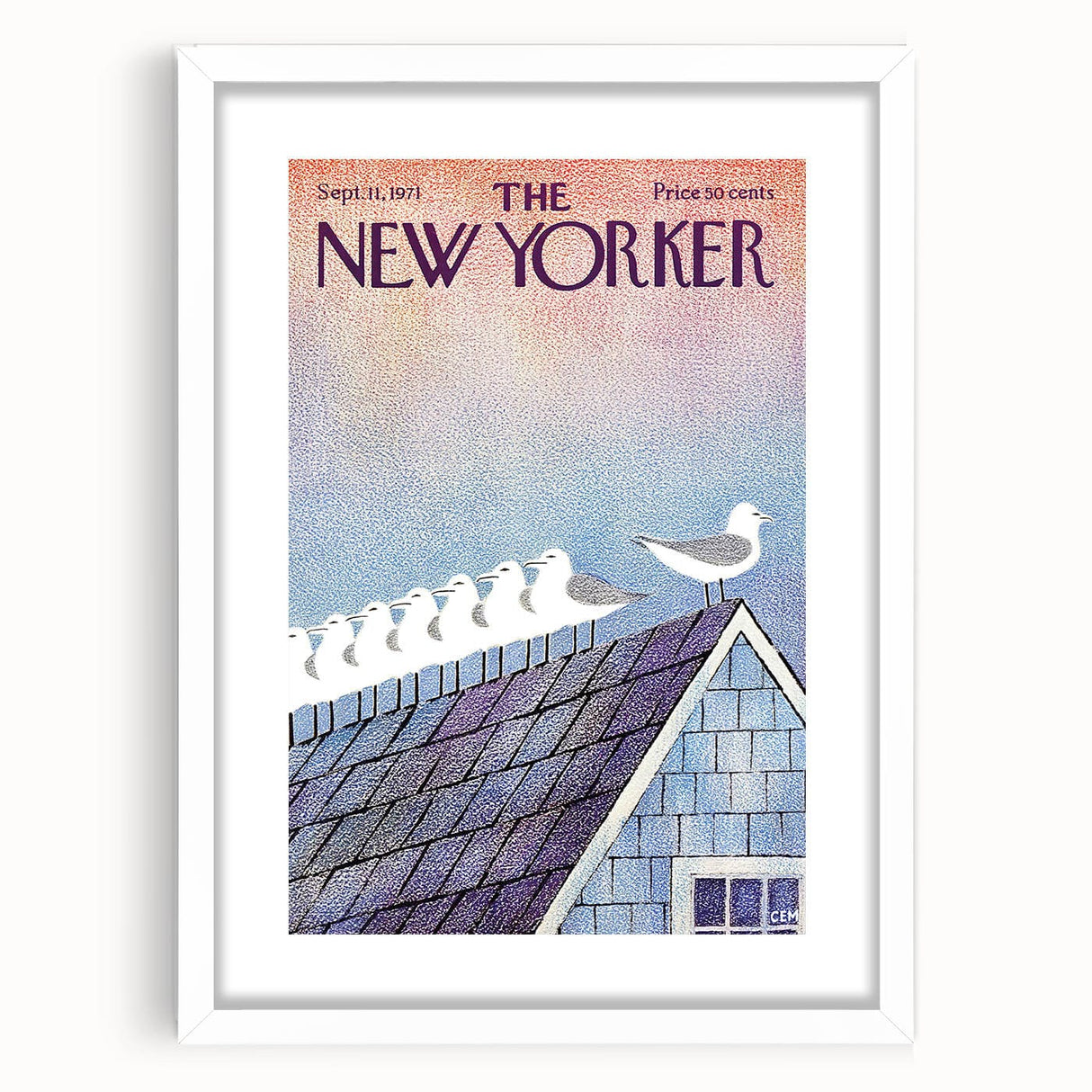 Vintage New Yorker Poster - Seagulls on Roof Wall Art Print