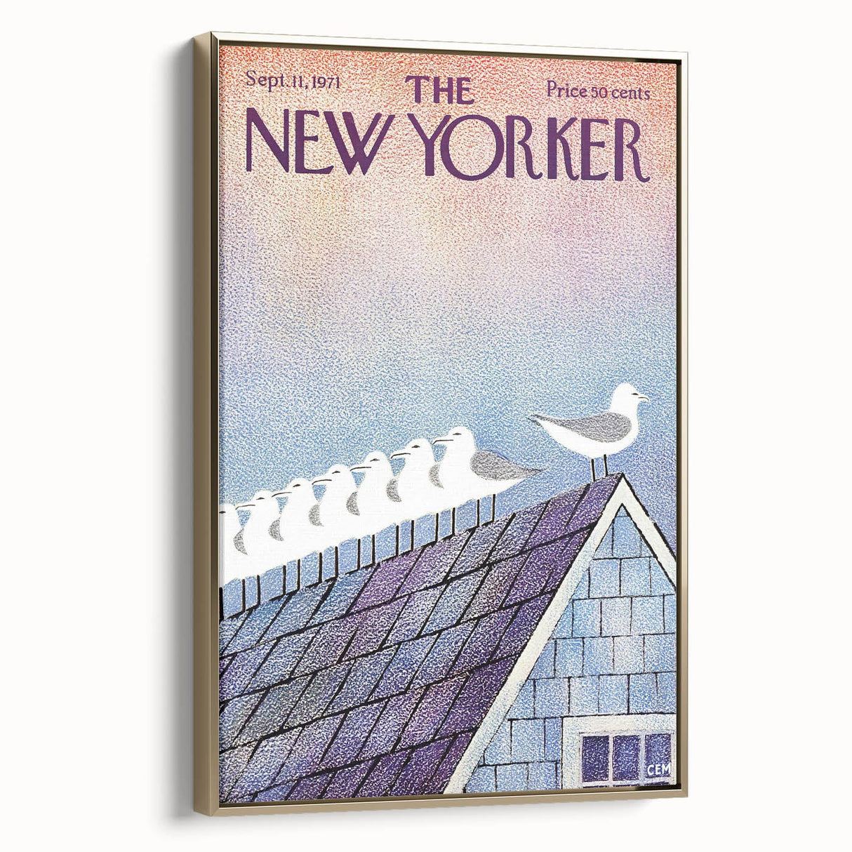 Vintage New Yorker Poster - Seagulls on Roof Wall Art Print