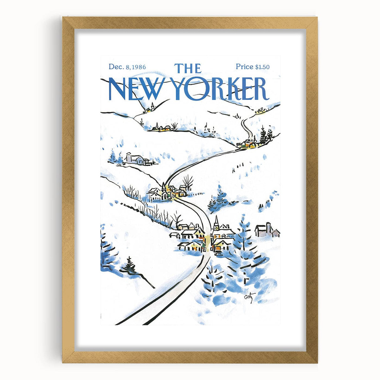 Vintage New Yorker Poster - Snowy Village Scene Wall Art Print