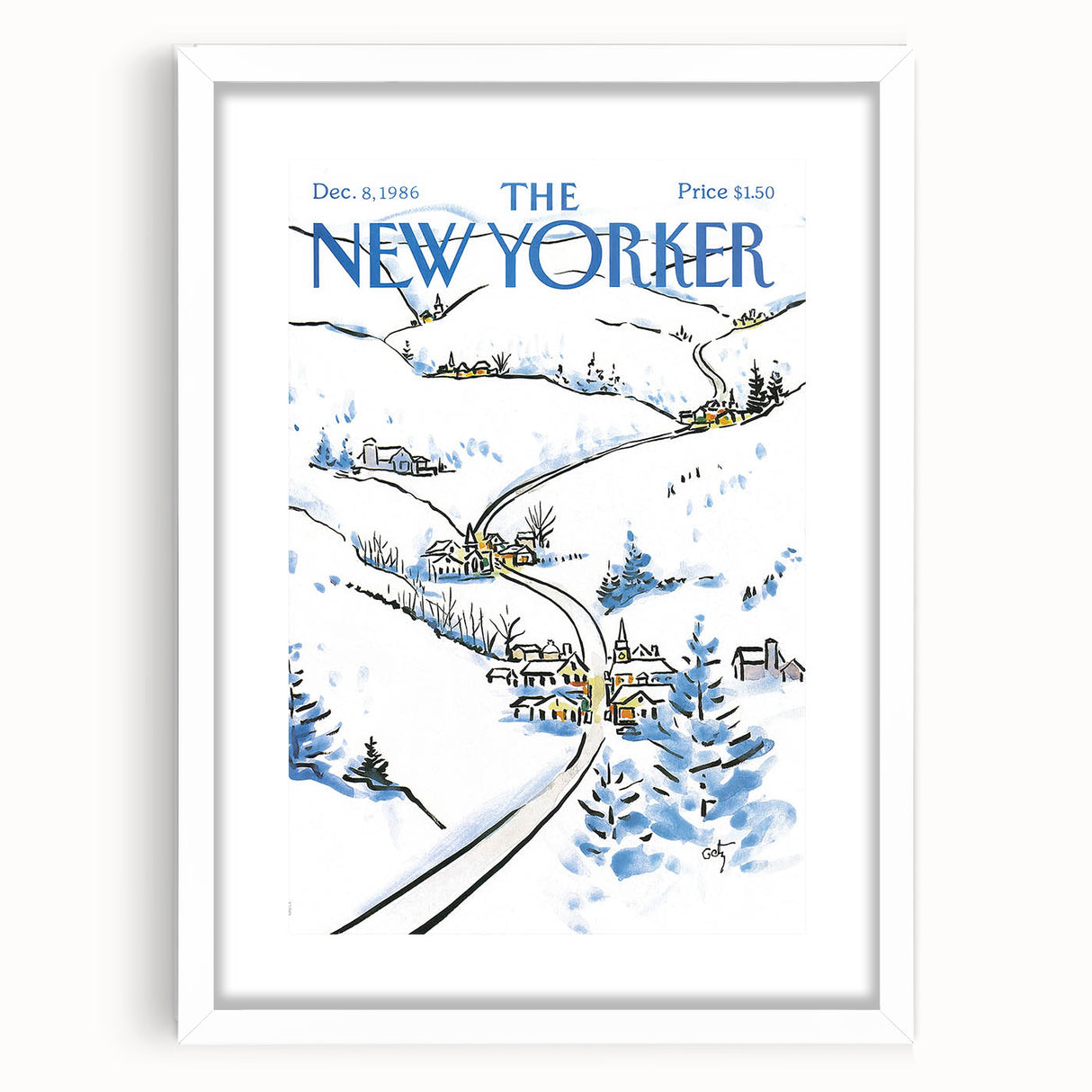 Vintage New Yorker Poster - Snowy Village Scene Wall Art Print