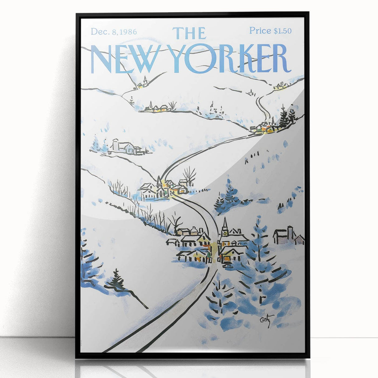 Vintage New Yorker Poster - Snowy Village Scene Wall Art Print