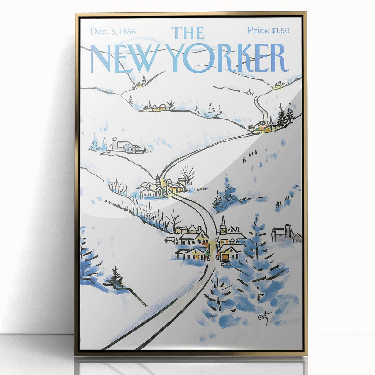 Vintage New Yorker Poster - Snowy Village Scene Wall Art Print