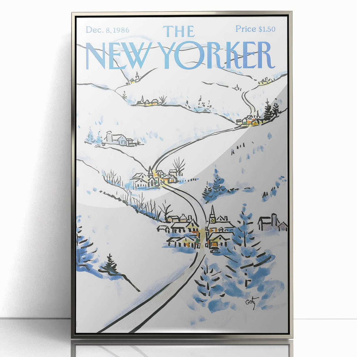 Vintage New Yorker Poster - Snowy Village Scene Wall Art Print