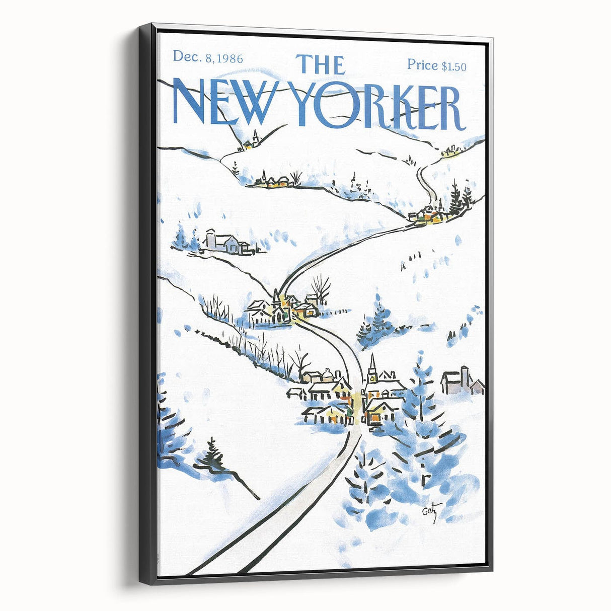 Vintage New Yorker Poster - Snowy Village Scene Wall Art Print