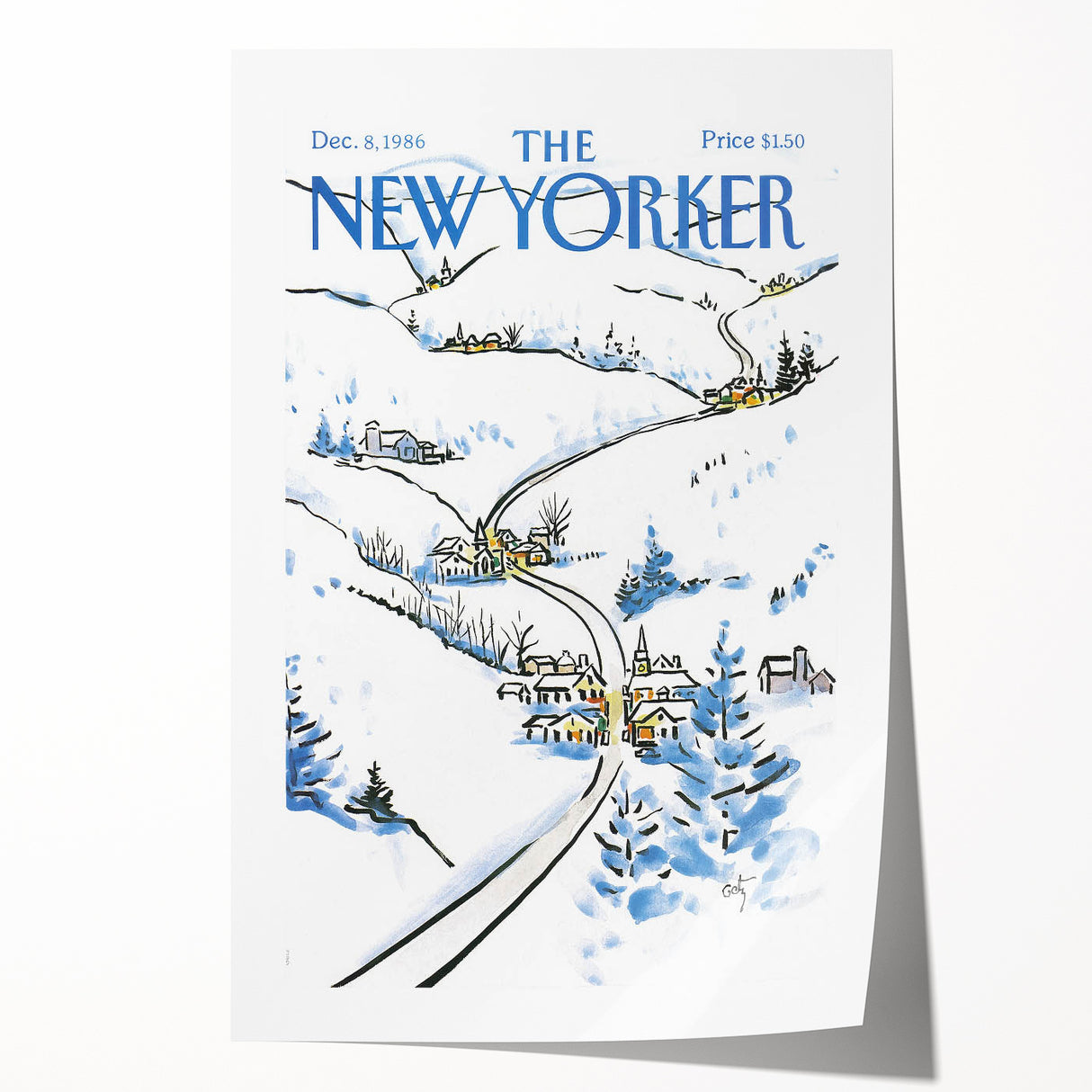 Vintage New Yorker Poster - Snowy Village Scene Wall Art Print