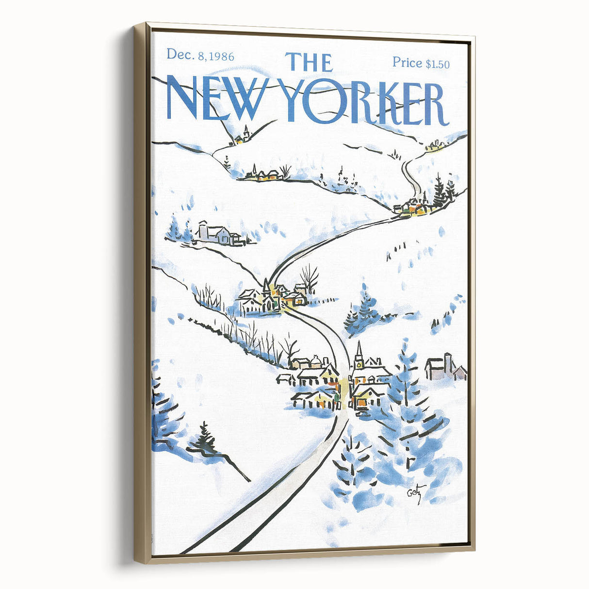 Vintage New Yorker Poster - Snowy Village Scene Wall Art Print
