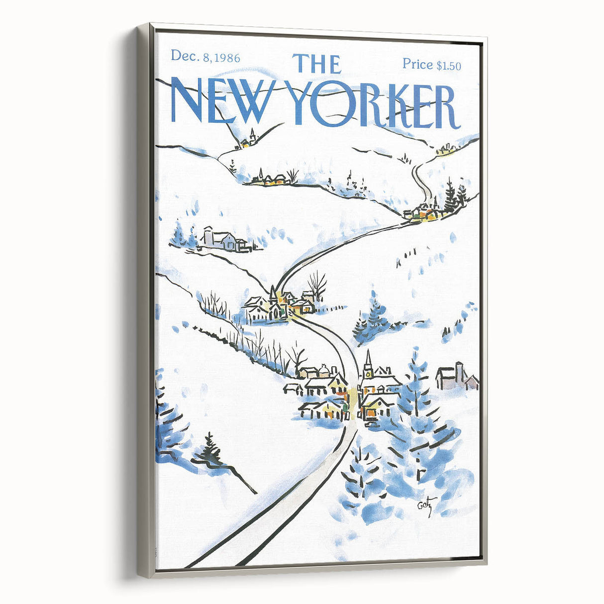 Vintage New Yorker Poster - Snowy Village Scene Wall Art Print