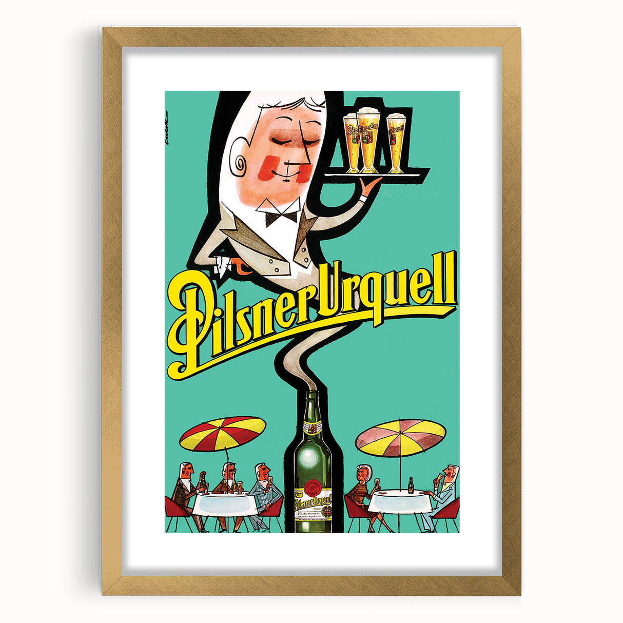 Vintage Pilsner Urquell Poster – Retro Beer Ad Art with Fun Cartoon