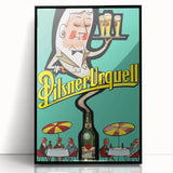 Vintage Pilsner Urquell Poster – Retro Beer Ad Art with Fun Cartoon