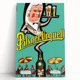 Vintage Pilsner Urquell Poster – Retro Beer Ad Art with Fun Cartoon