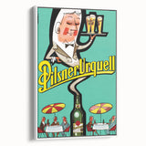 Vintage Pilsner Urquell Poster – Retro Beer Ad Art with Fun Cartoon