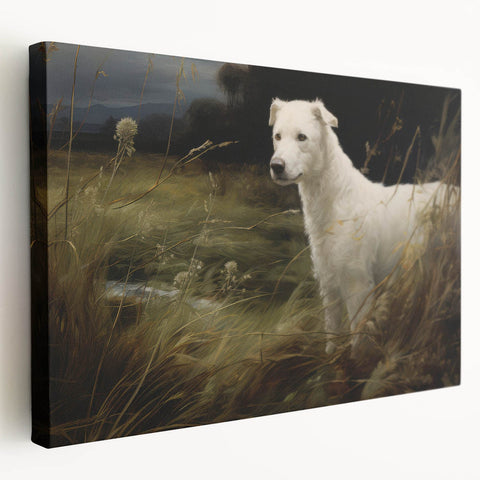 Vintage Animal Art: White Dog in Nature – Retro Wildlife Illustration