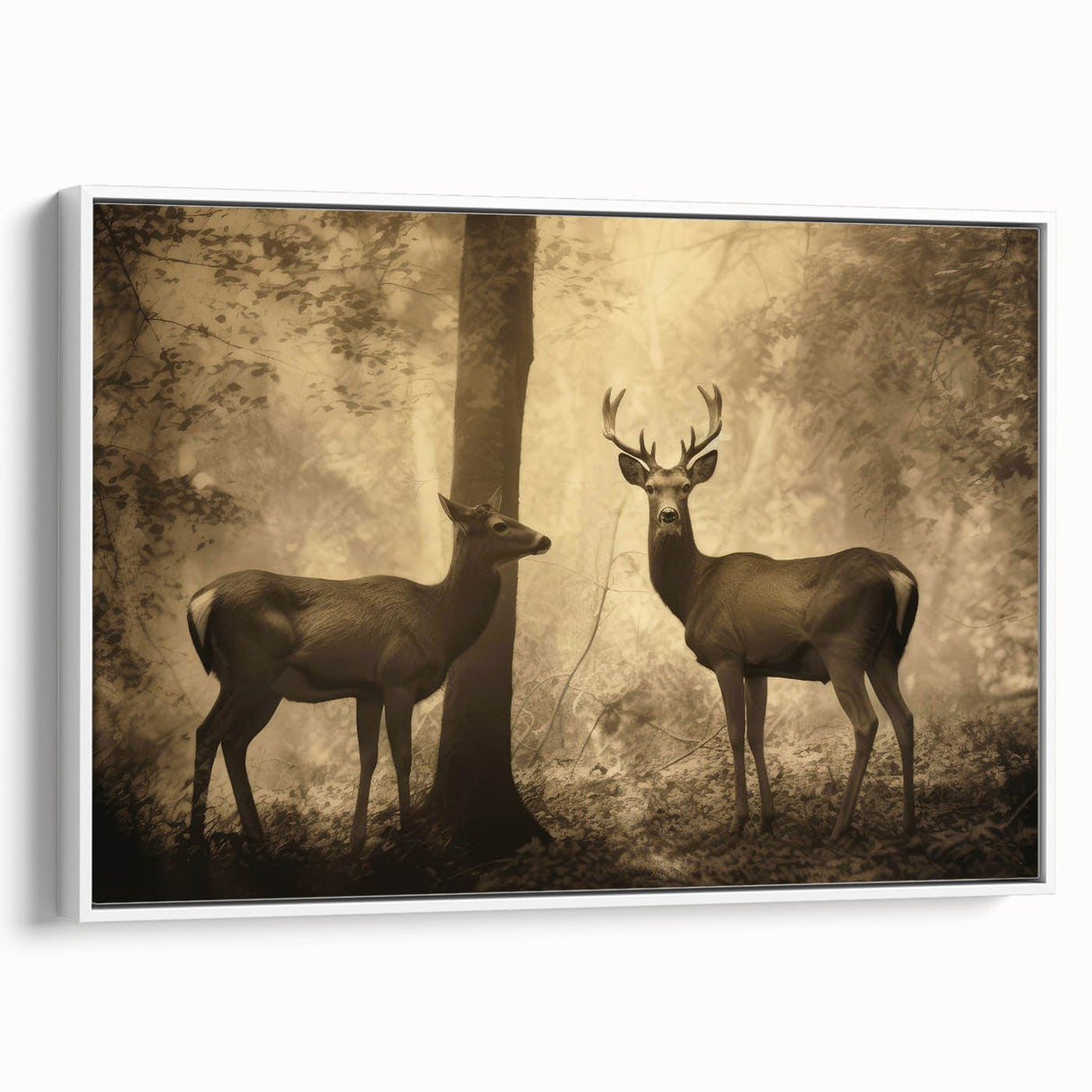 Vintage Animal Art: Deer in Forest – Retro Wildlife Illustration