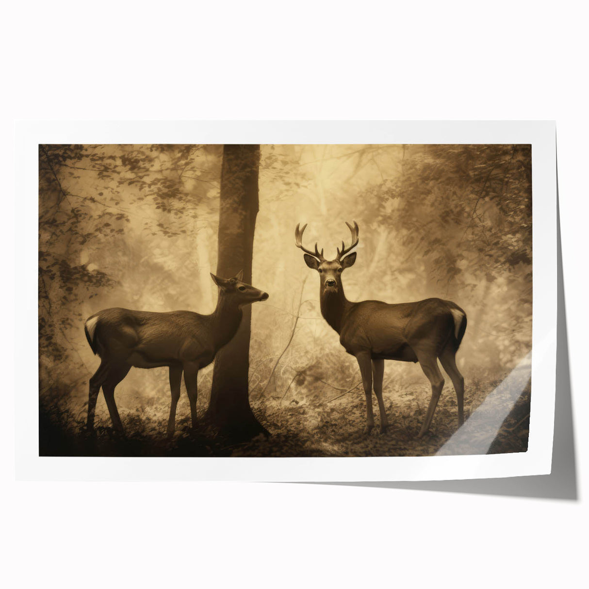 Vintage Animal Art: Deer in Forest – Retro Wildlife Illustration