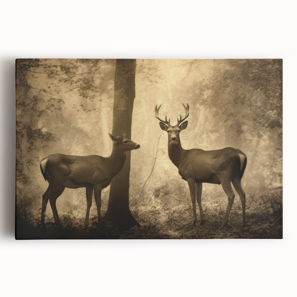 Vintage Animal Art: Deer in Forest – Retro Wildlife Illustration