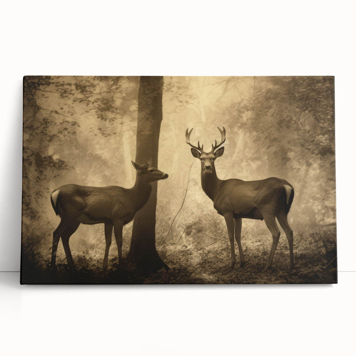 Vintage Animal Art: Deer in Forest – Retro Wildlife Illustration
