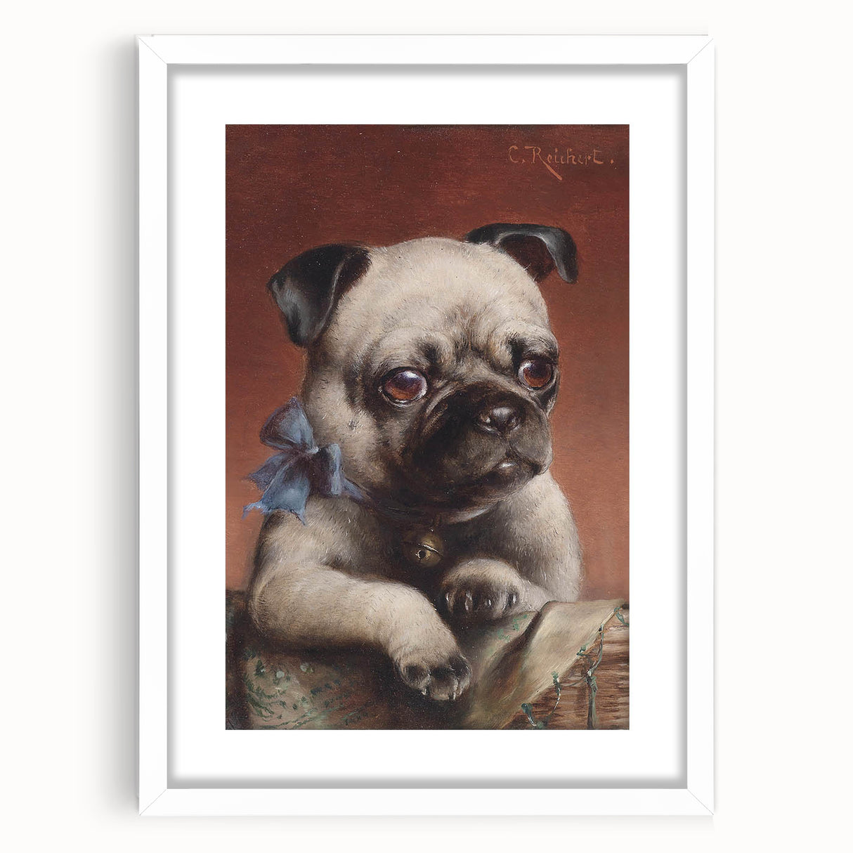 Vintage Animal Art – Adorable Pug with Bow in Classic Portrait