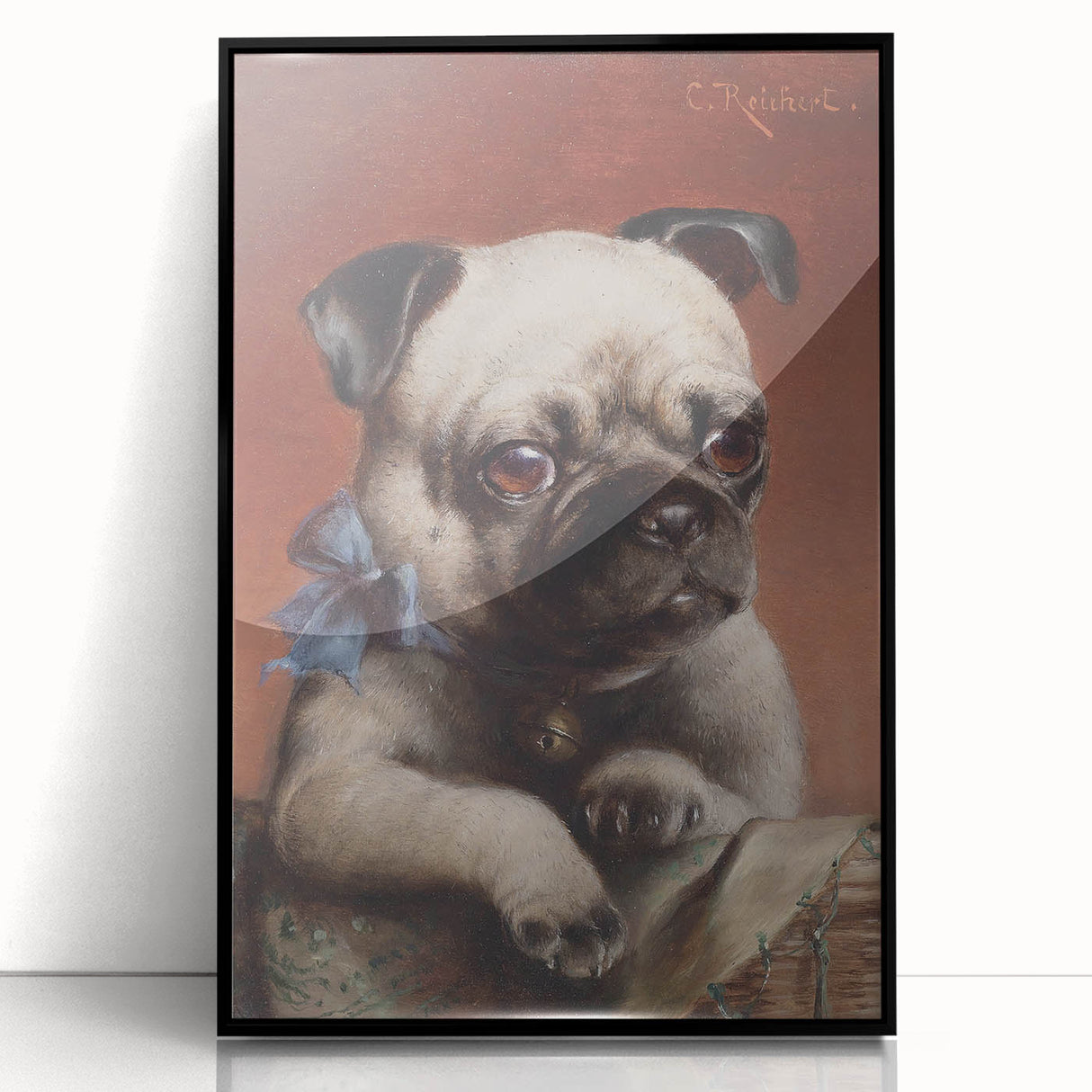 Vintage Animal Art – Adorable Pug with Bow in Classic Portrait
