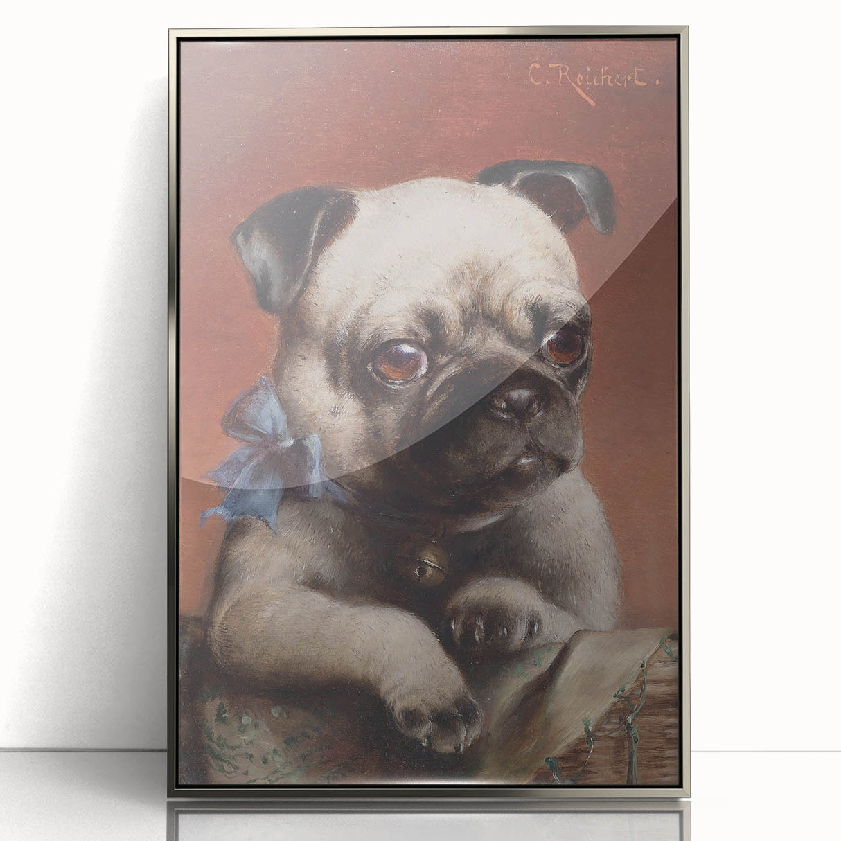 Vintage Animal Art – Adorable Pug with Bow in Classic Portrait