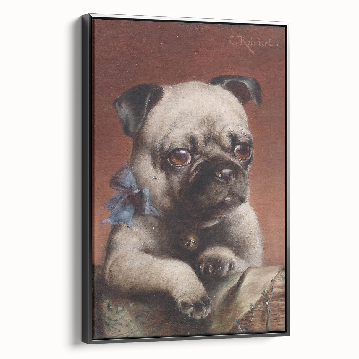 Vintage Animal Art – Adorable Pug with Bow in Classic Portrait