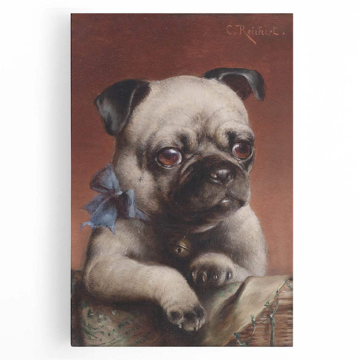 Vintage Animal Art – Adorable Pug with Bow in Classic Portrait