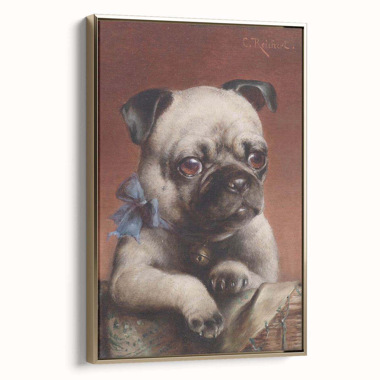 Vintage Animal Art – Adorable Pug with Bow in Classic Portrait
