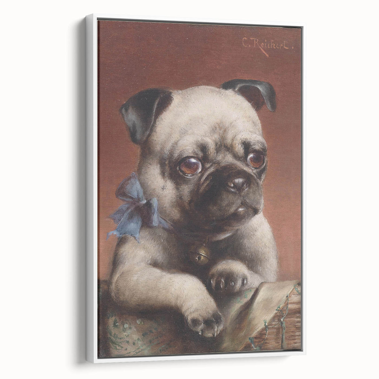 Vintage Animal Art – Adorable Pug with Bow in Classic Portrait