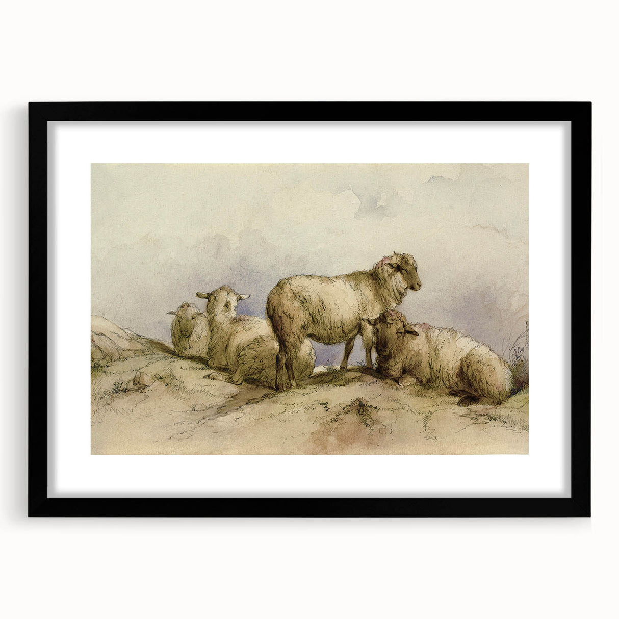 Vintage Animal Art - Sheep in Pastoral Scene Antique Print