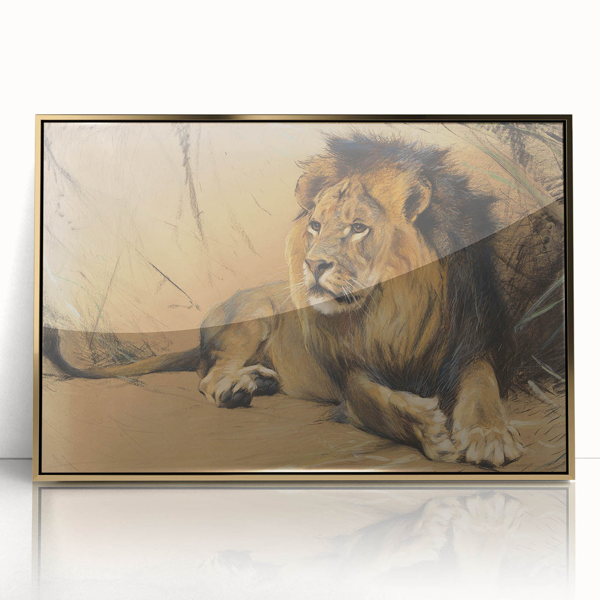 Vintage Animal Art - Resting Lion Pastel Wildlife Print